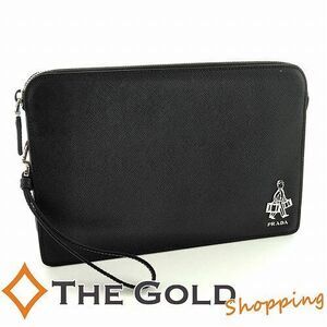 Prada Saffiano Clutch Bag Porter Nero Gold Black